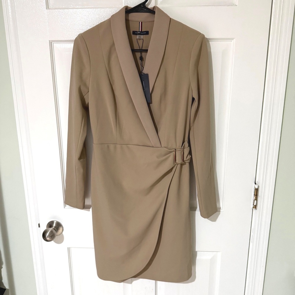 Tommy Hilfiger Women Tan Long Side Blazer Buckle Wrap Dress A22C1U1A Size 2